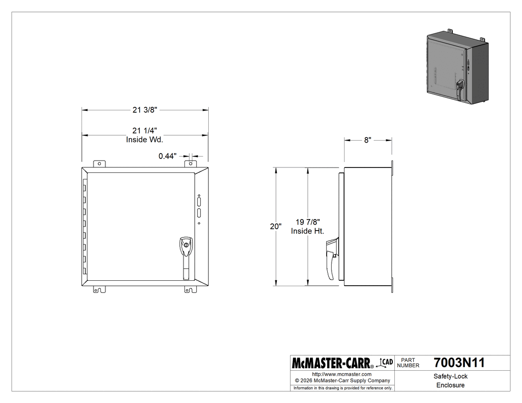 Technical Drawing of Safety-Lock Enclosure, Steel, 1 Door, 20" Height x 21" Width x 8" Depth .